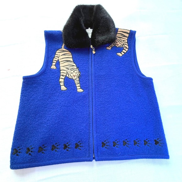 Vintage 90s Lisa International Tiger Boiled Wool Vest Large Blue Canada - Picture 4 of 9